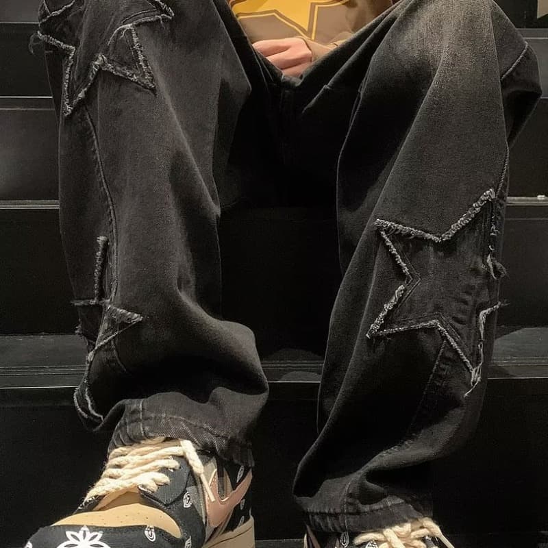 ストレートデニム アシンメトリー星柄デニムパンツ
