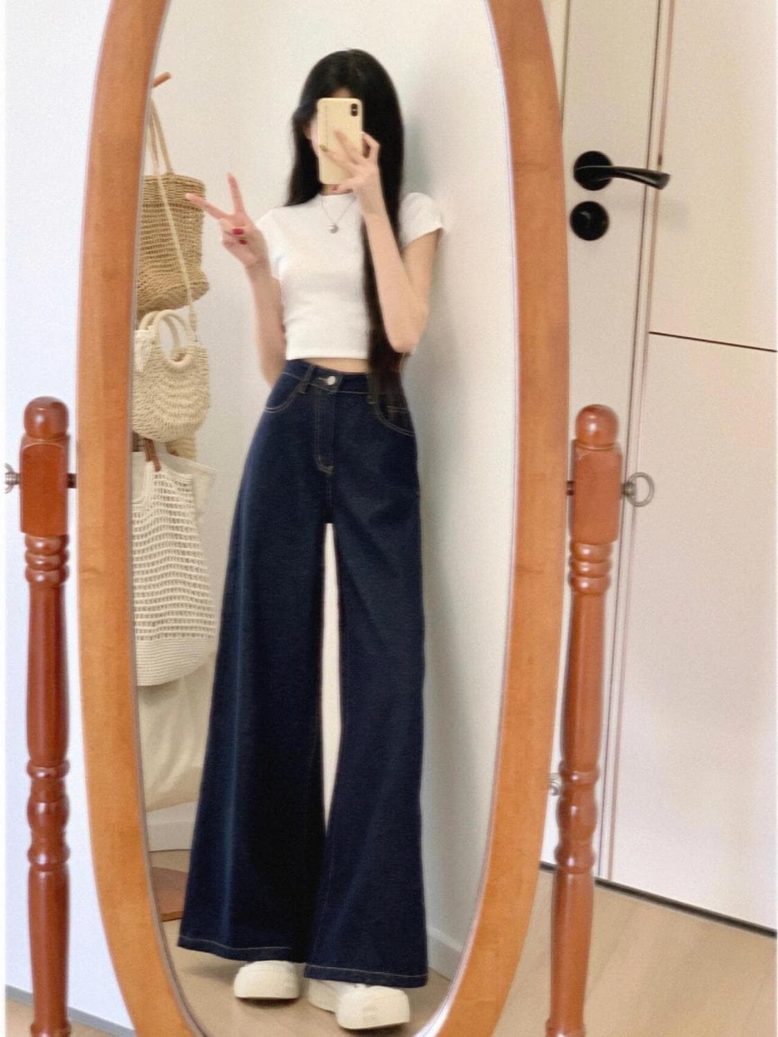 ストレートデニム ゆったりロングフレアデニムパンツ