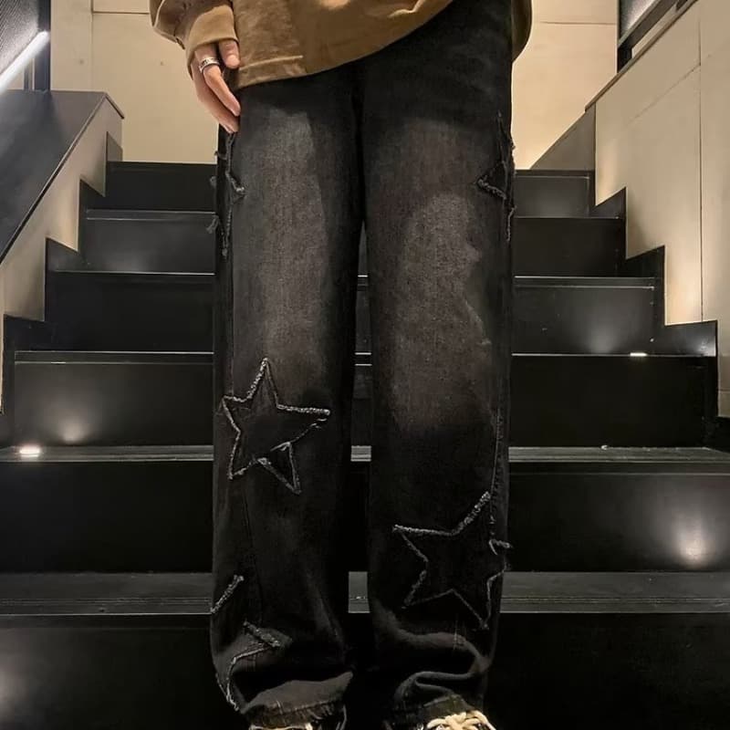ストレートデニム アシンメトリー星柄デニムパンツ