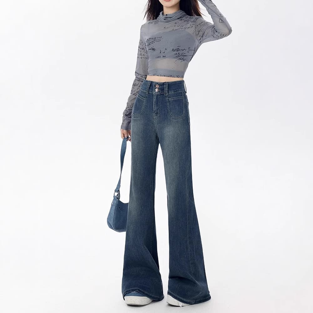 ストレートデニム ゆったりワイドヘムデニムパンツ