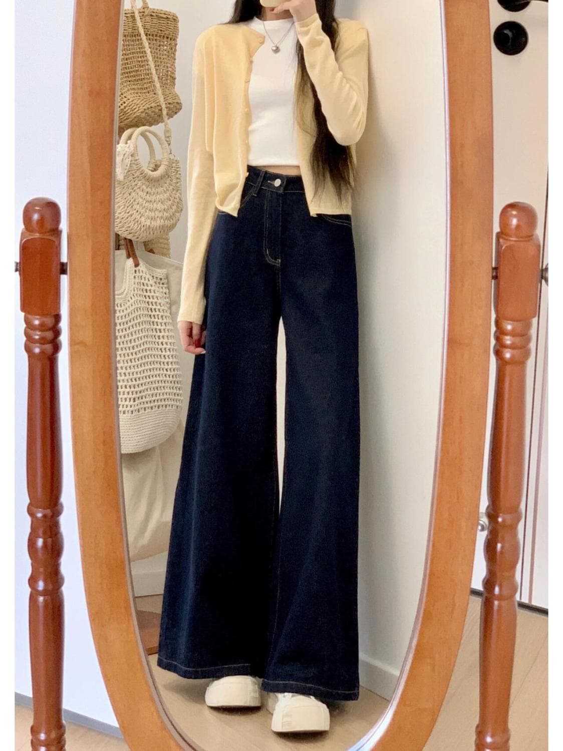 ストレートデニム ゆったりロングフレアデニムパンツ