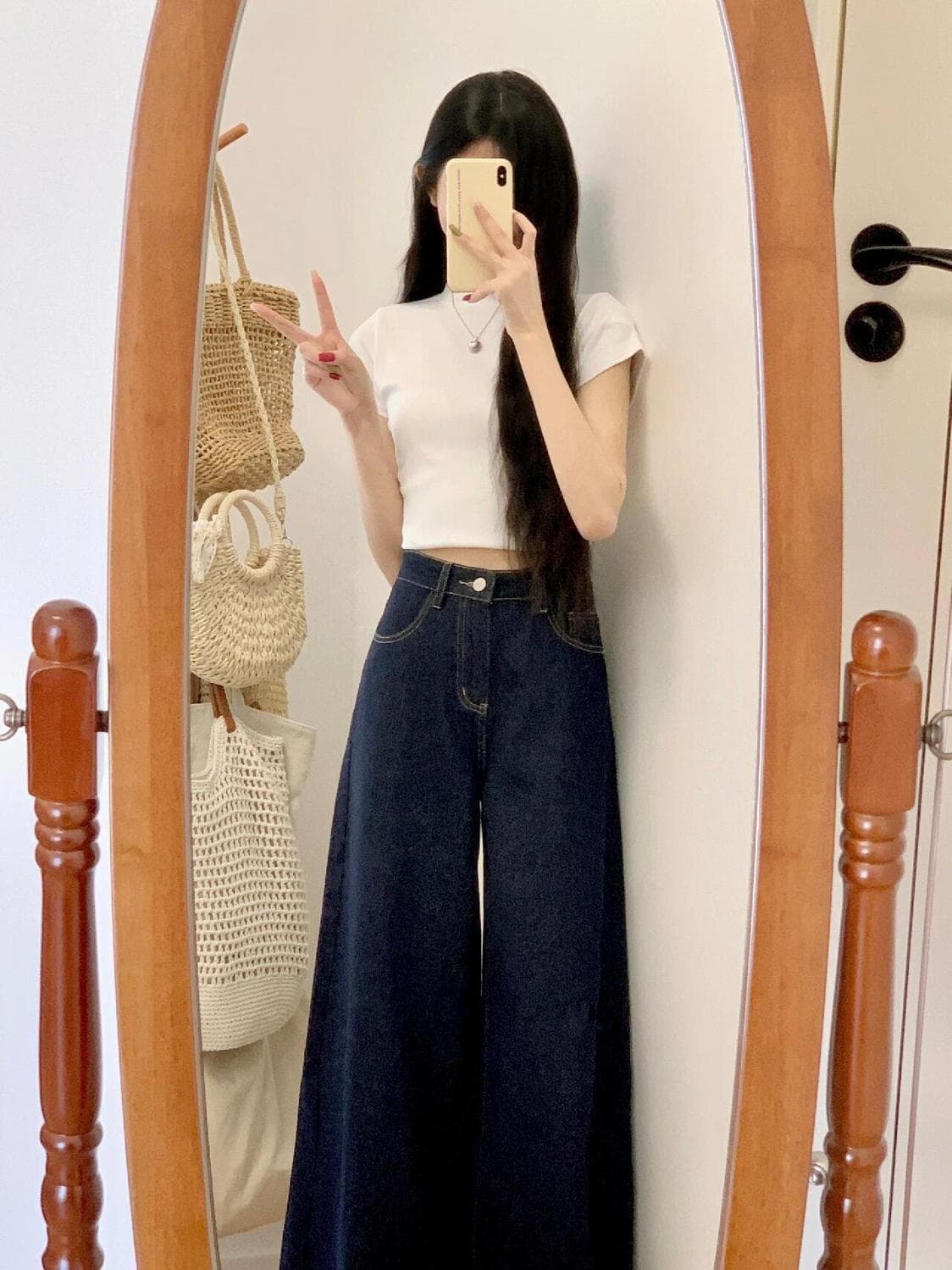 ストレートデニム ゆったりロングフレアデニムパンツ
