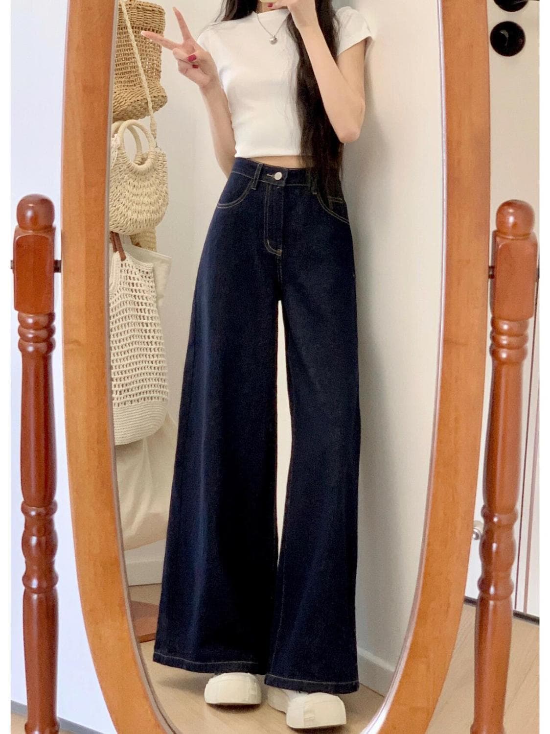 ストレートデニム ゆったりロングフレアデニムパンツ