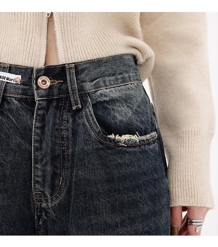 ストレートデニム ワイドシルエット リメイク加工デニムパンツ