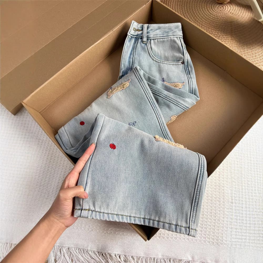 ストレートデニム 裏ボア付きダメージ加工デニムパンツ
