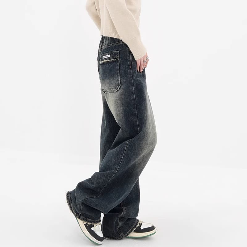 ストレートデニム ワイドシルエット リメイク加工デニムパンツ