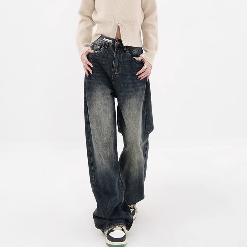 ストレートデニム ワイドシルエット リメイク加工デニムパンツ