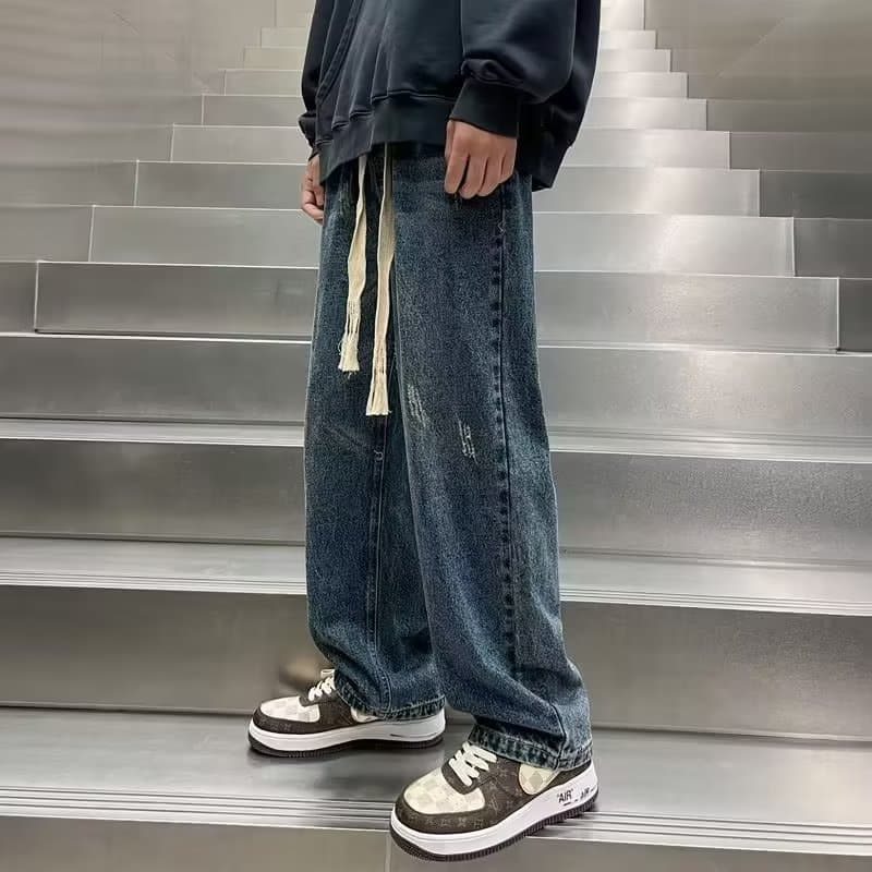 タッセル付きヴィンテージ加工ストレートデニム