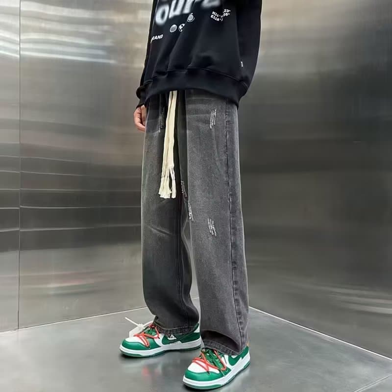 タッセル付きヴィンテージ加工ストレートデニム